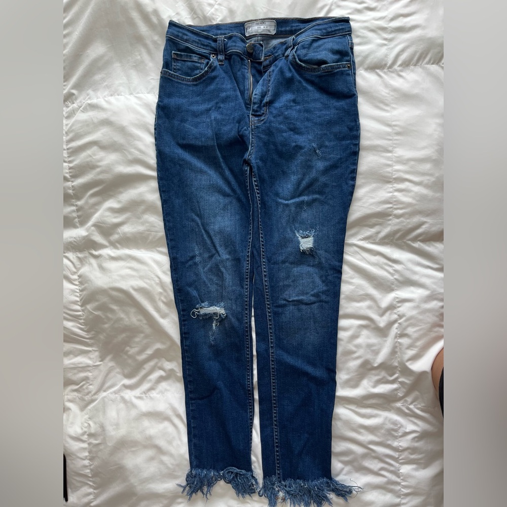 Free People Blue Skinny Jeans with Distressed Details
